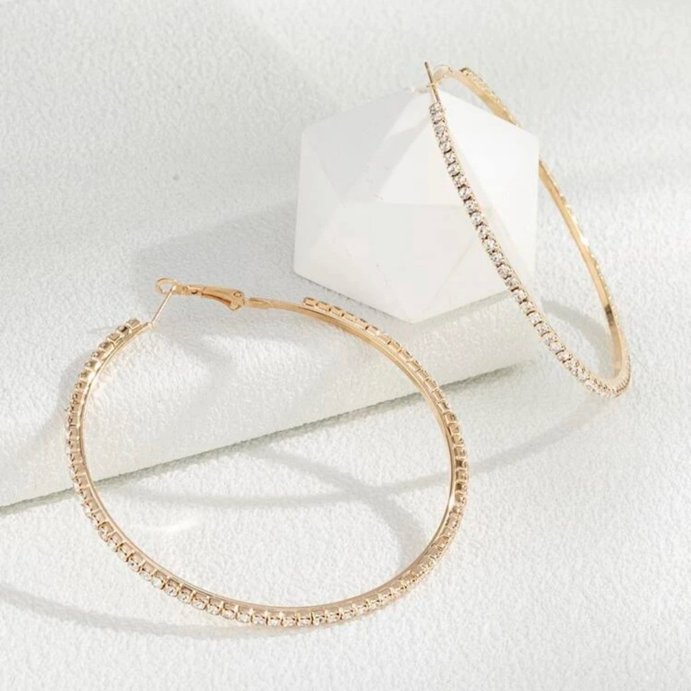 2/$30🌵 Gold Tone Hoop Rhinestone Earrings Statement Jewelry Gift Bohemian NEW